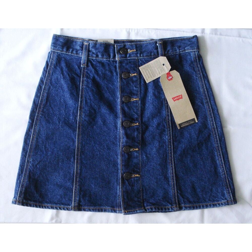 LEVI'S Women Blue Denim Skirt Size 26 A Line Button Front 100% Cotton NEW